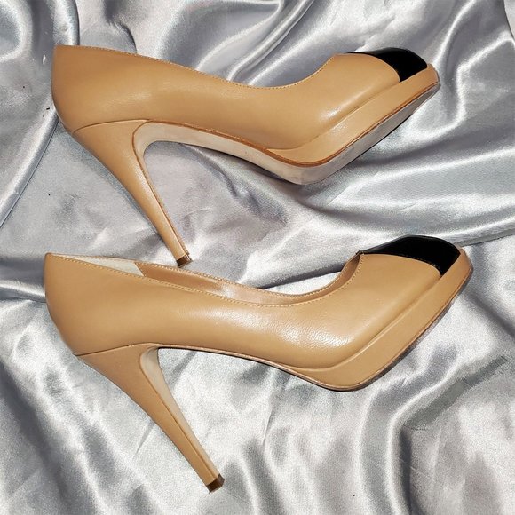 MAX STUDIO camel tan black open toe high heel pumps SZ 9 - xecutive - Picture 4 of 5
